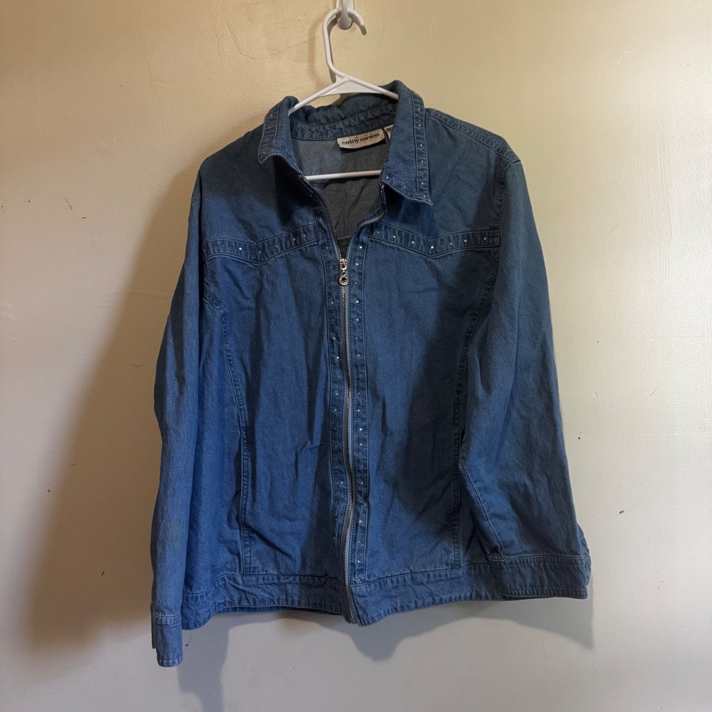 VTG Cathy Daniels Women's Blue Denim Rhinestone Zip Up Jacket 2X Cotton Western